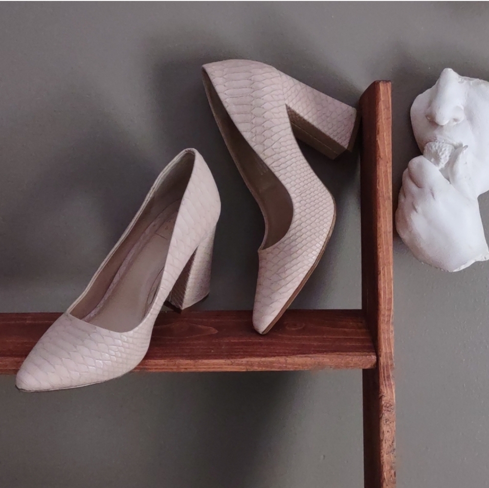 Kaari Blue pink vegan snakeskin chunky heels